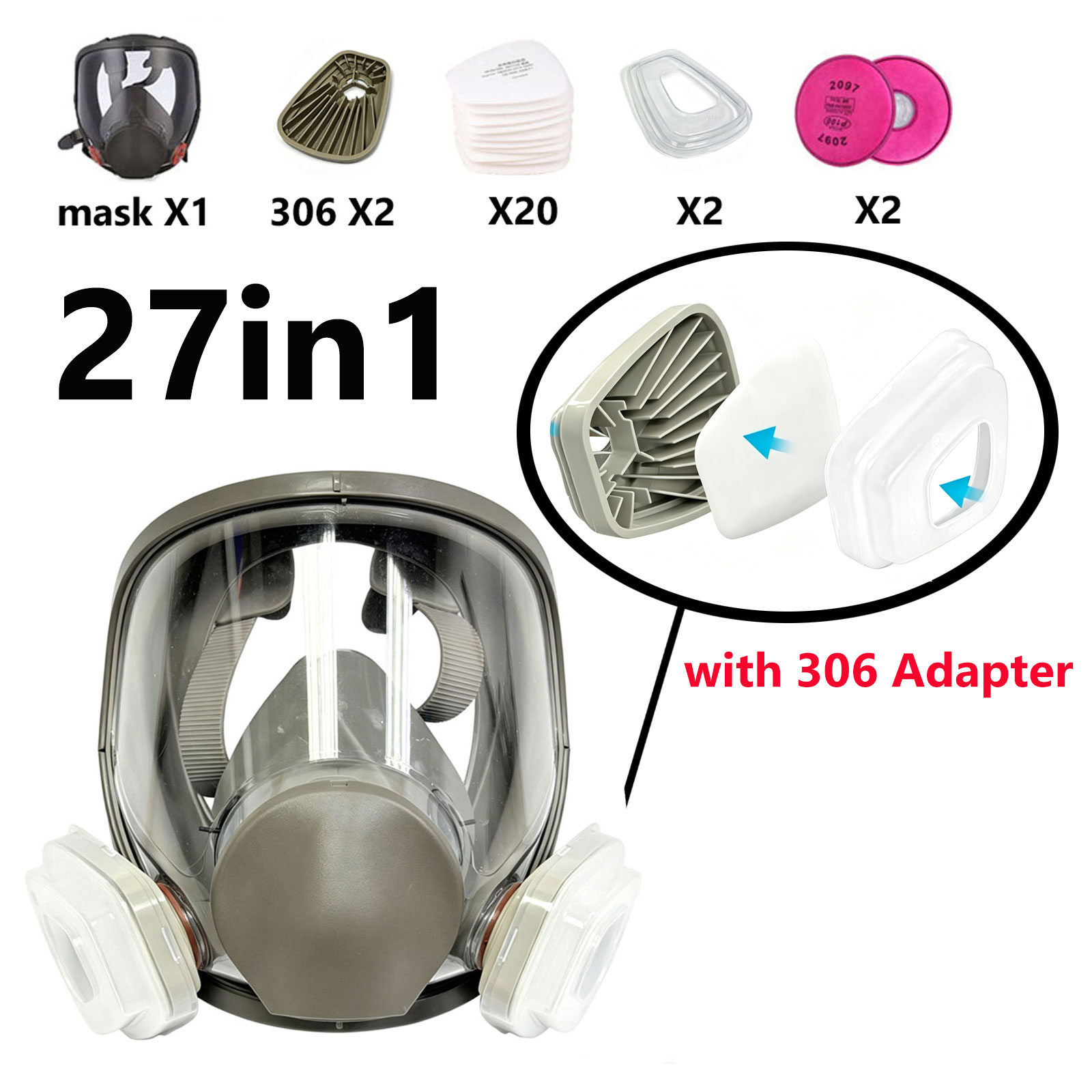 Dust Mask Construction - Respirateur intégral 6800 avec adaptateur de